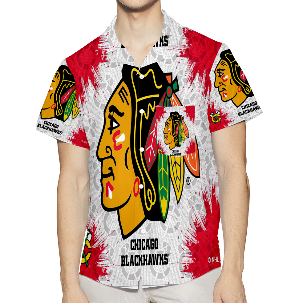 Chicago Blackhawks Emblem Brush Texture 3D All Over Print Summer Beach Hawaiian Shirt With Pocket