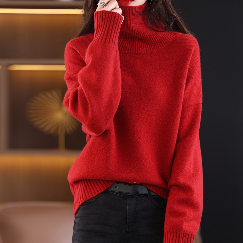 Autumn and Winter New Cashmere Sweater Women’s High-neck Pullover Casual Loose Knit Tops 100% Pure Wool Plus Size Female Jacket alx