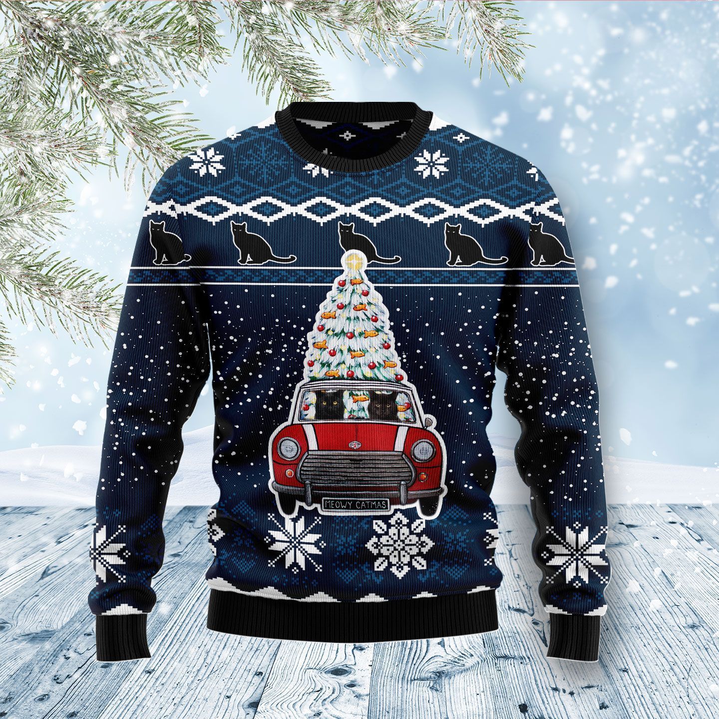 Black Cat Meowy Catmas Ugly Christmas Sweater For Men & Women Adult