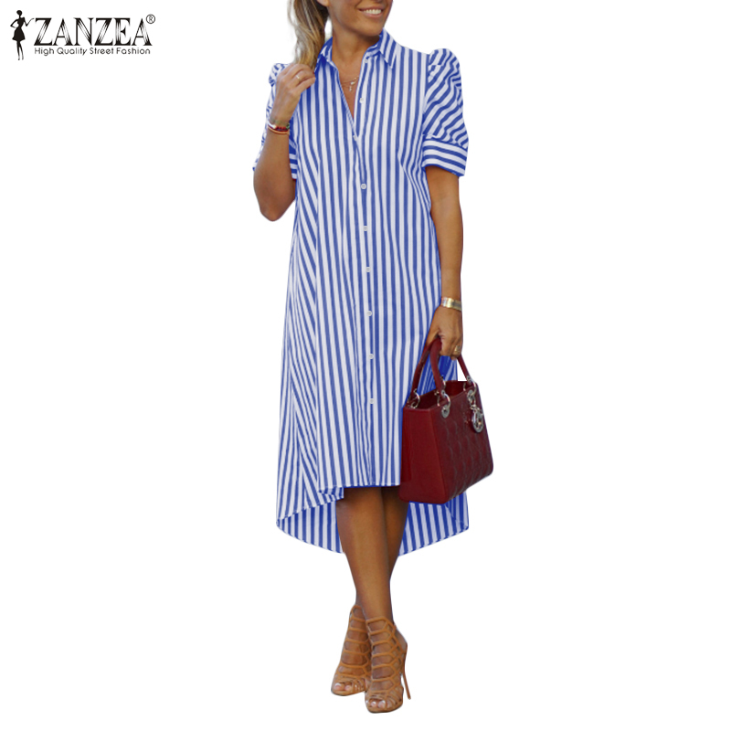 2022 Summer Striped Print Robe Womens Lapel A Line Vestidos Casual Short Sleeve Knee Dresses Oversize ZANZEA Fashion Shirt Dress alx