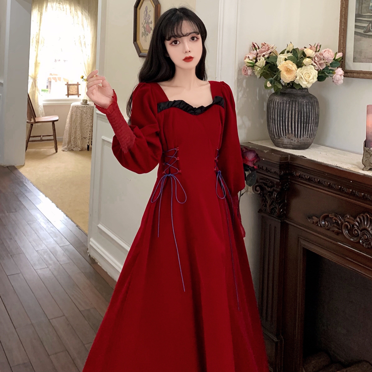 Vintage Elegant New Year 2022 Party Princess Christmas Burgundy Dress Lantern Long Sleeve Midi Dresses Woman Plus Size Clothing alx