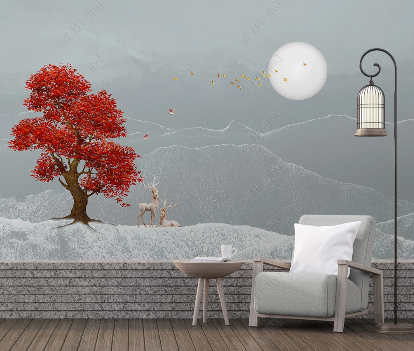 3D Abstract Moon Mountain Red Floral Tree Plant Bucks Animal Background Wall Mural Wallpaper Lxl