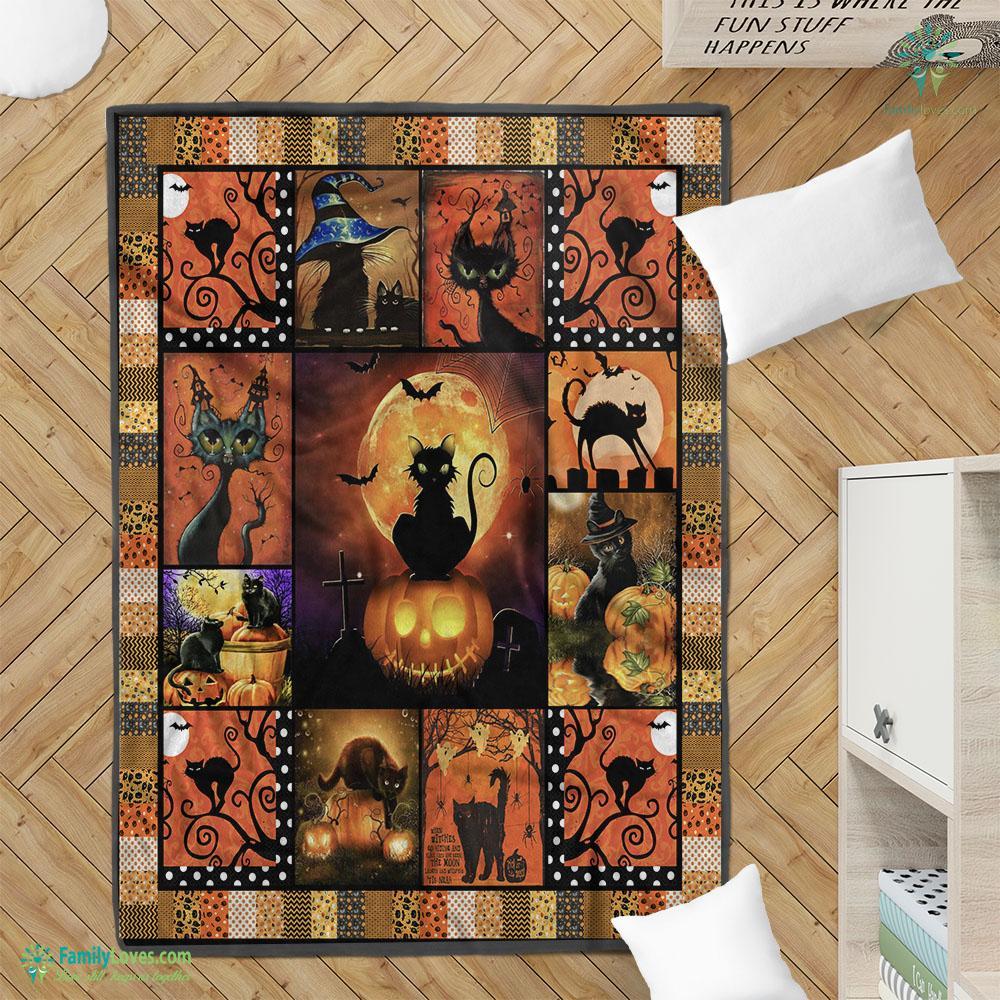 Black Cat Sitting On Pumpkin Halloween Blanket 23