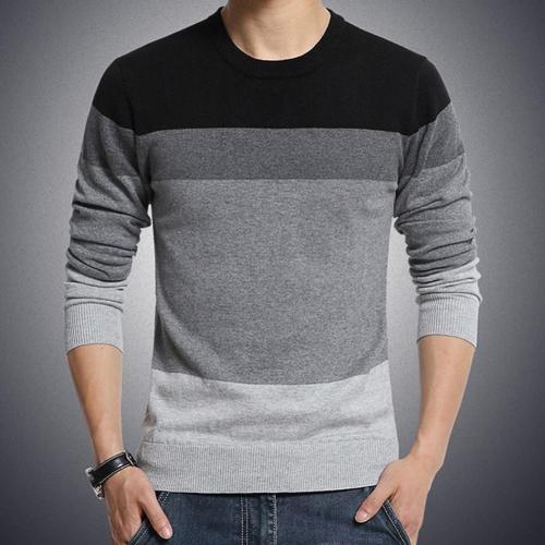 Chic Men Pullovers Color Block O Neck Long Sleeve Slim- Fit Pullover Blouse Knitted Sweater alx