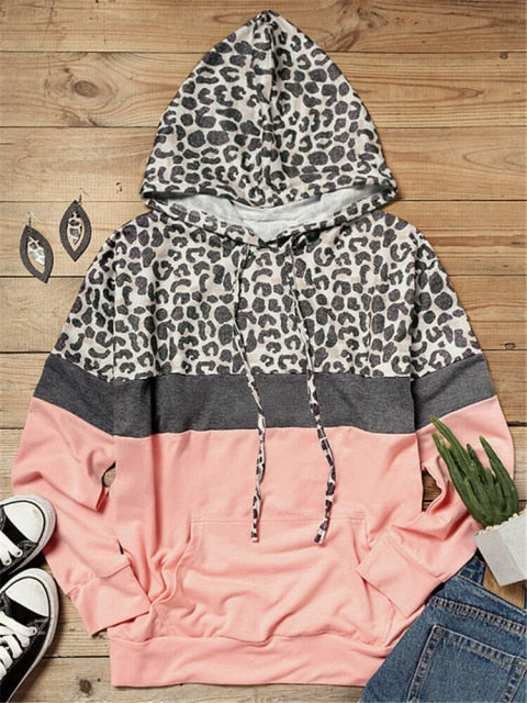 Color Block Leopard Splicing Pocket Hoodie