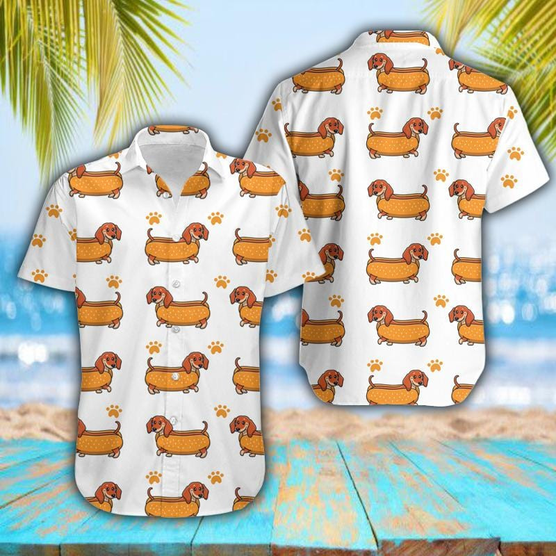 Funny Dachshund Hot Dog White Unisex Hawaii Shirts Ha30731