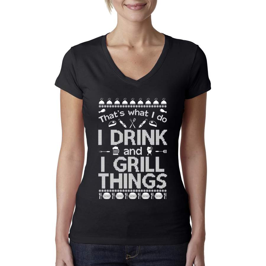 I Drink and I Grill Things Ugly Christmas Sweater Christmas Womens Junior Fit V-Neck Tee