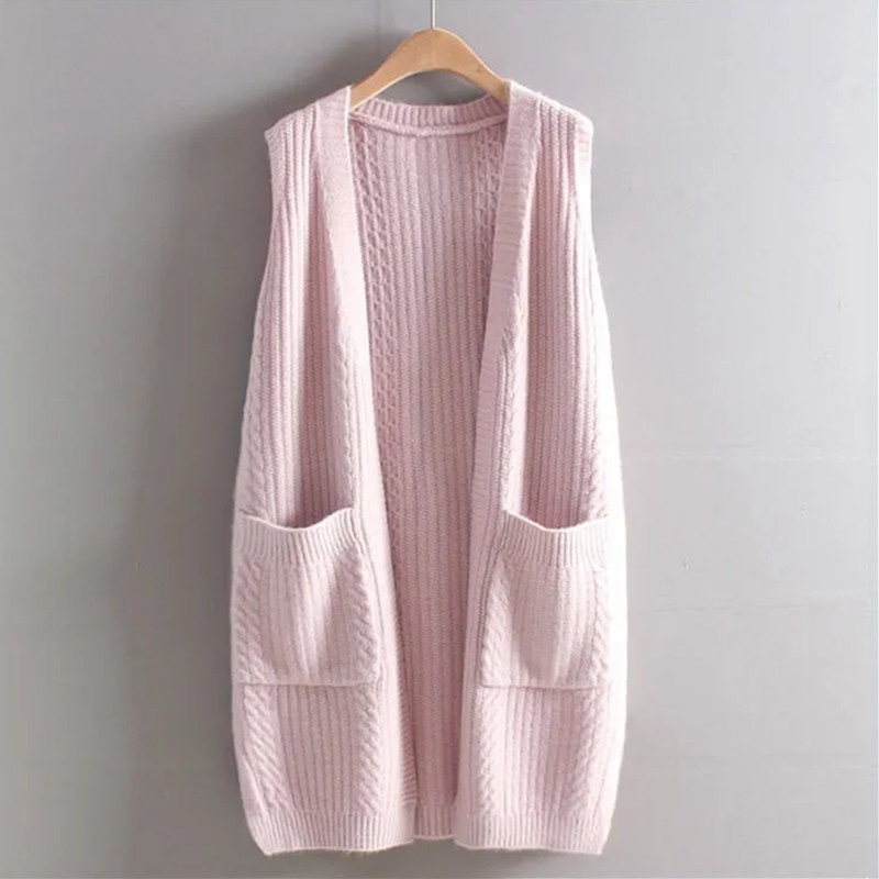 2022 Solid Loose Long Coat Female Autumn Sleeveless Knitted Vest Women Korean Fashion V-Neck Sweater Cardigan Outerwear alx