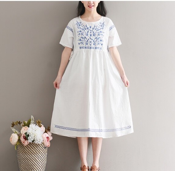 2018 summer fashion flower embroidery dress short sleeve women linen dress alx