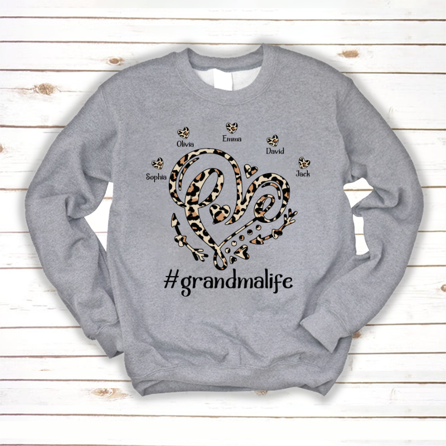 Leopard Heart Custom Names Grandma Life Sweatshirt