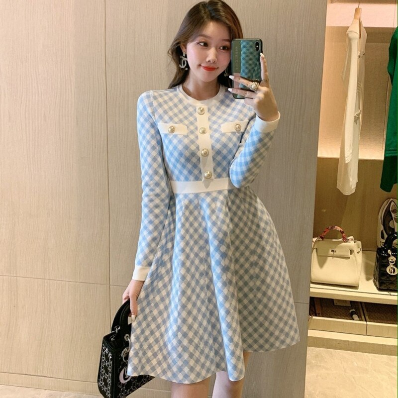 Vintage Knitted Sweater Maxi Dresses for Women party Button Up Korean Fashion Plaid Mini Dress Robe Femme Vestidos Autumn 2021 alx