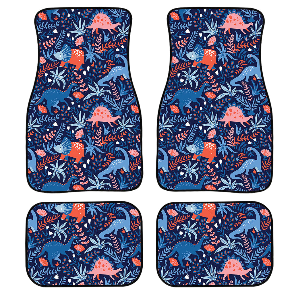 Cute Dino Leaves And Flowers Print Front And Back Car Floor Mats, Front Car Mat