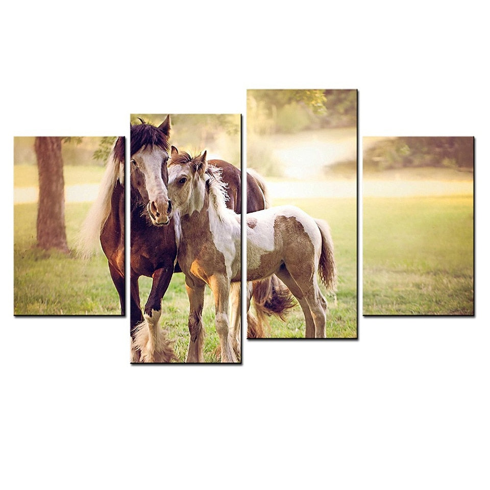 Printed Pictures Small Couple Horse Canvas Wall Art Animal 4 Pieces Modern For Living Room Hd Decoration