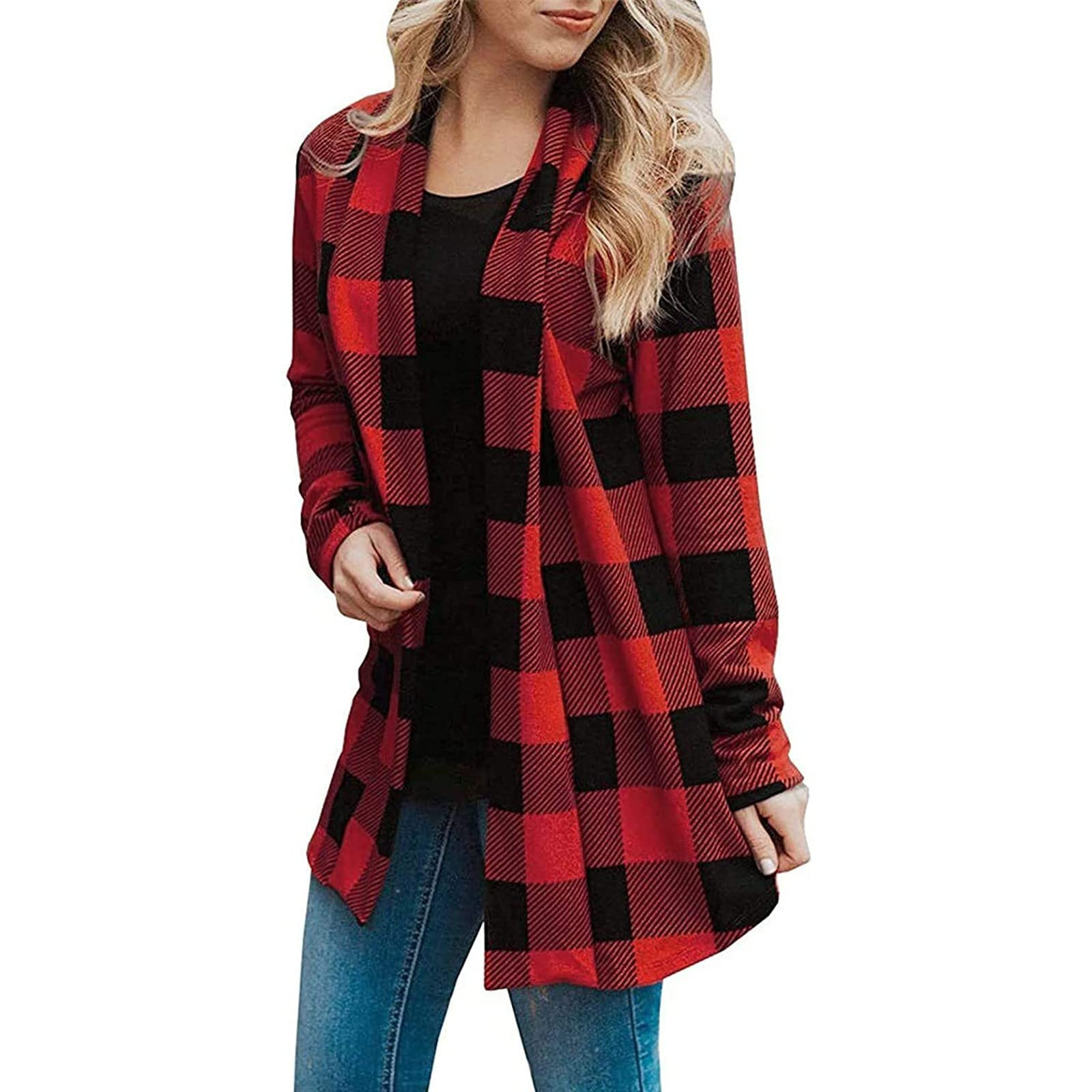 Women Long Sleeve Jacket Women Plaid Cardigan Fall Fashion Checkered Coat Top alx