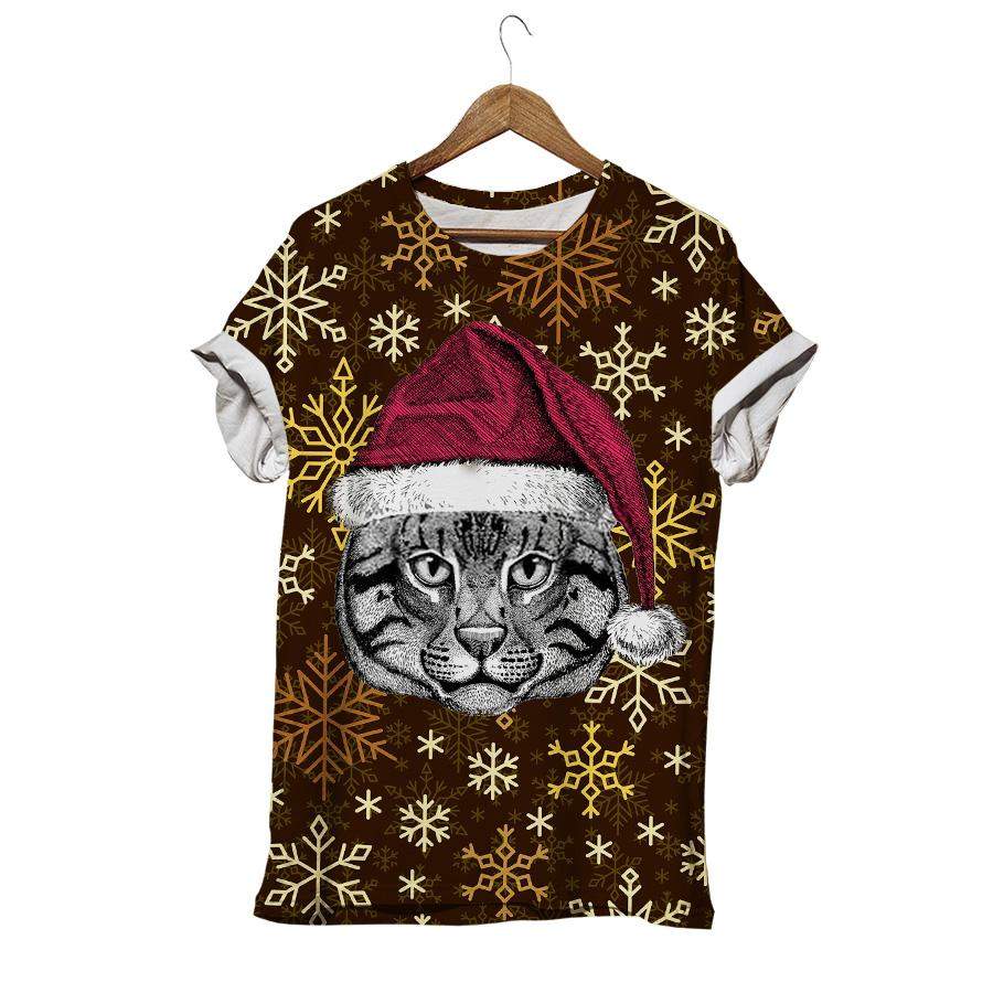 Wild Cat Fishing Cat Christmas Wild Animal Wearing Christmas Santa Claus Hat Christmas Cat T-shirt