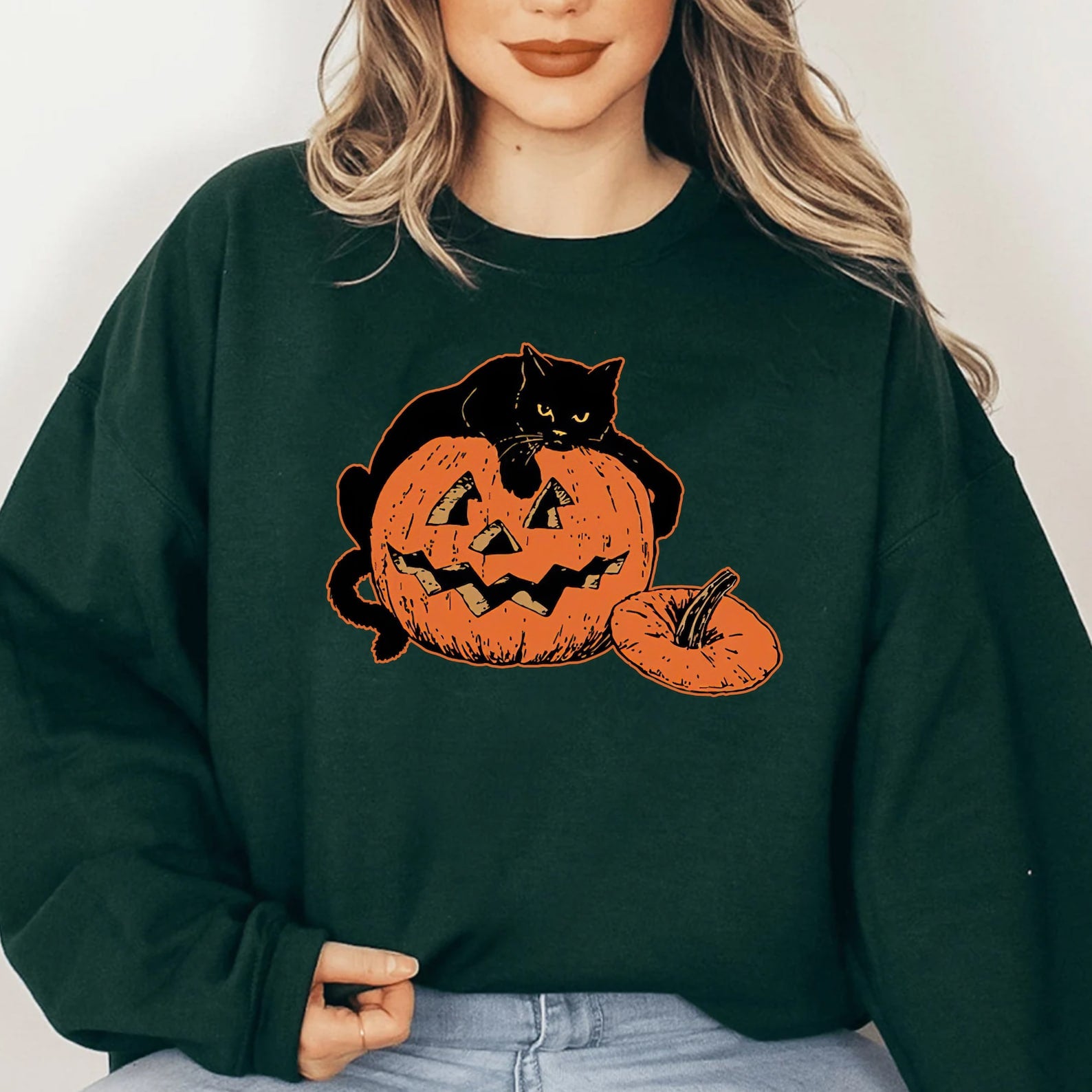 Retro Halloween Cat Sweatshirt 2D Crewneck Sweatshirt All Over Print Sweatshirt For Women Sweatshirt For Men