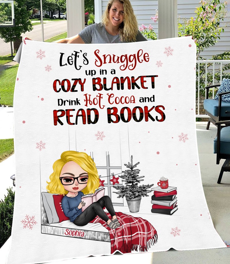 Let’S Snuggle Up Drink Hot Cocoa And Read Books, Personalized Custom Christmas Blanket, Gift For Book Lover