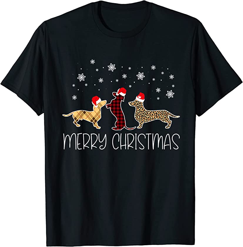 Dachshund Merry Christmas Cute Plaid Leopard Doxie Dog X-Mas T-Shirt