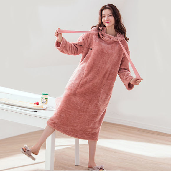 Women Nightgowns Solid Hooded Mid-calf Plus Velvet Casual Loose Soft Flannel Fashion Korean Kawaii Ulzzang Warm Sleepshirts Chic alx