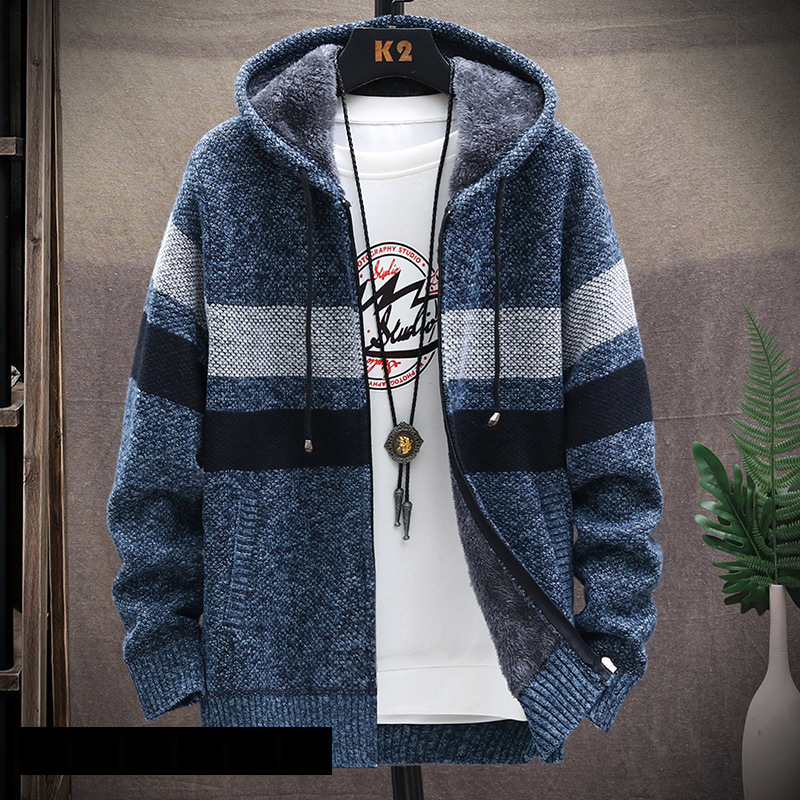 Winter Fleece Warm Sweater Men Hooded Cardigan 2022 Men’s Striped Slim Sweaters Coat Casual Knitted Men’s Sweater Outerwear alx