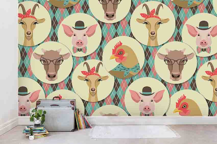 3D Colorized Animal Cow Sheep Pig Hen Diamond Wall Mural Wallpaper Zy D100