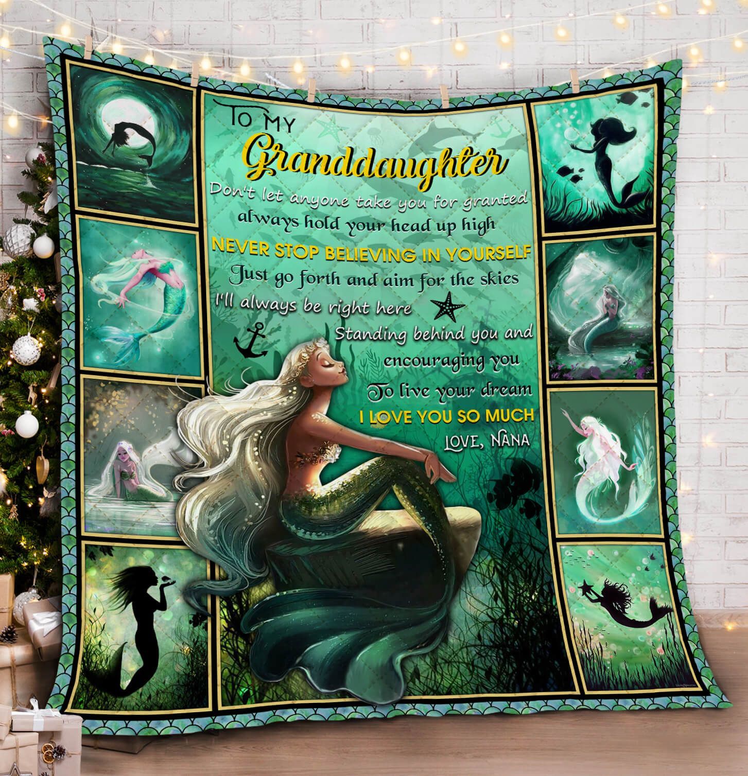 To My Granddaughter, Mermaid, Love Nana Quilt Blanket