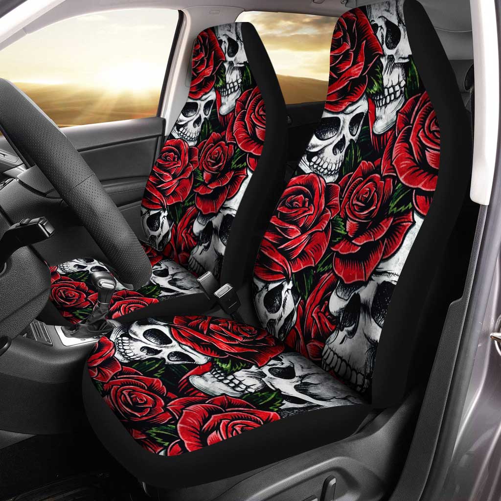 Red Rose Skull Car Seat Covers Custom Flower Car Accessories