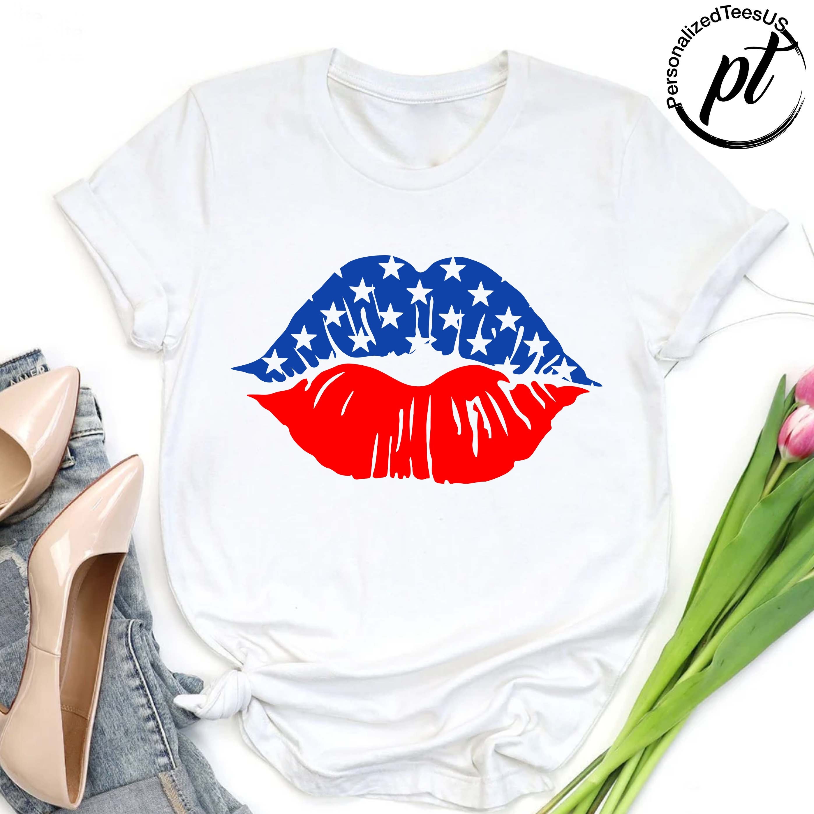 Usa Flag Lips T-Shirt,Patriotic Women Shirt,American Flag Lips,Cute 4th of July Shirt,Independence Day Tee,America Love Shirt,Kisses Tshirt