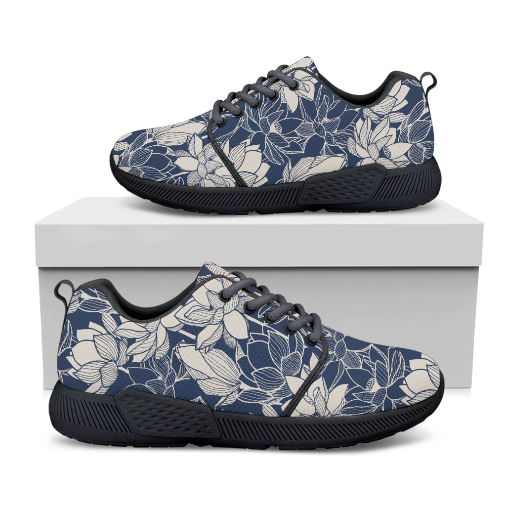 White And Blue Lotus Flower Print Black Athletic Shoes