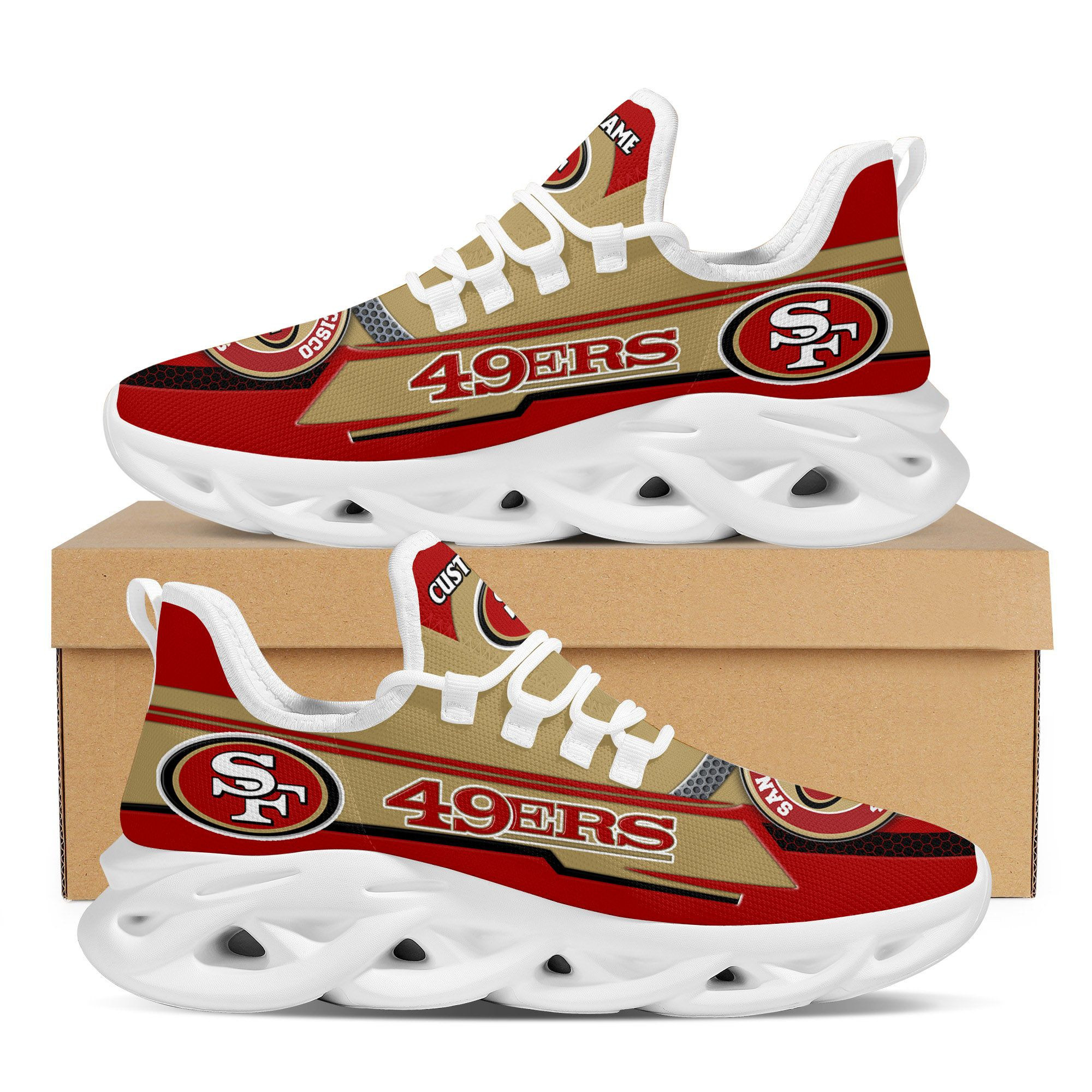 San Francisco 49Ersfootball Team Symbol Geometric Pattern Custom Name Personalized 3D All Over Print Max Soul Sneakers For Men And Women