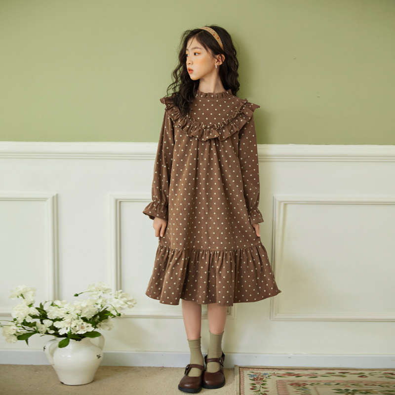 2023 New Fall Teen Girls Dresses Teen Pure Cotton Clothes Long Sleeve Dot Party Birthday Dress Ruffles Patchwork Beige Brown alx