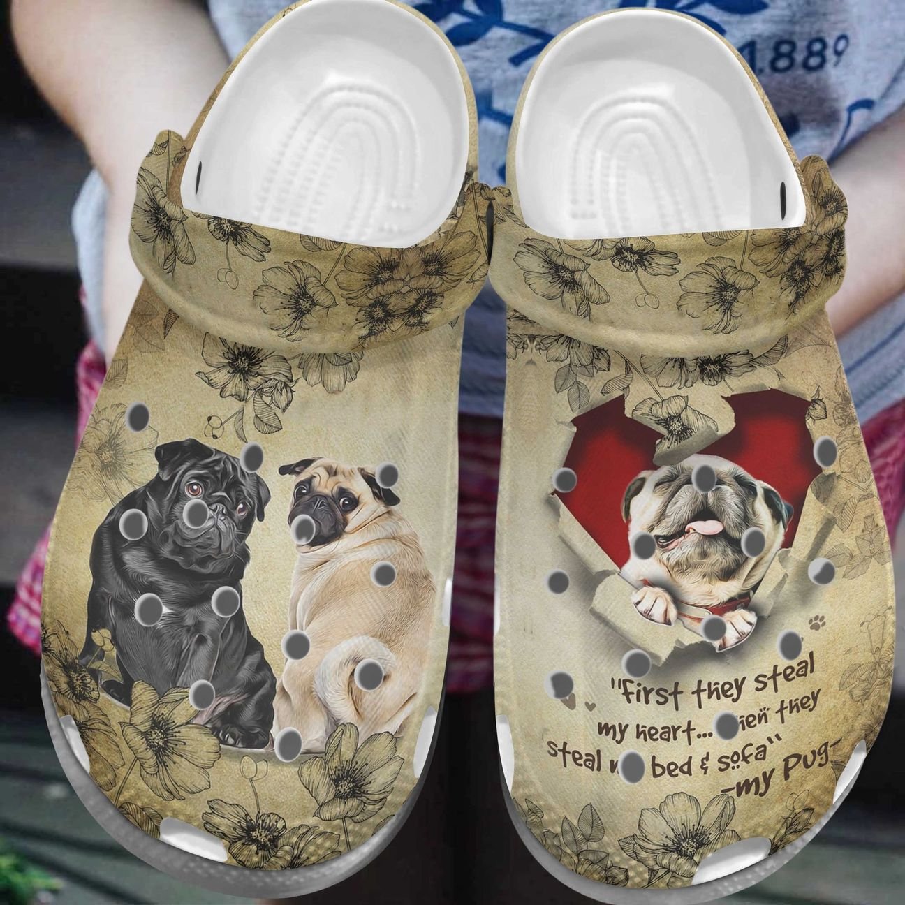 Pug Personalize Clog, Custom Name, Text, Fashion Style For Women, Men, Kid, Print 3D Whitesole First They Steal