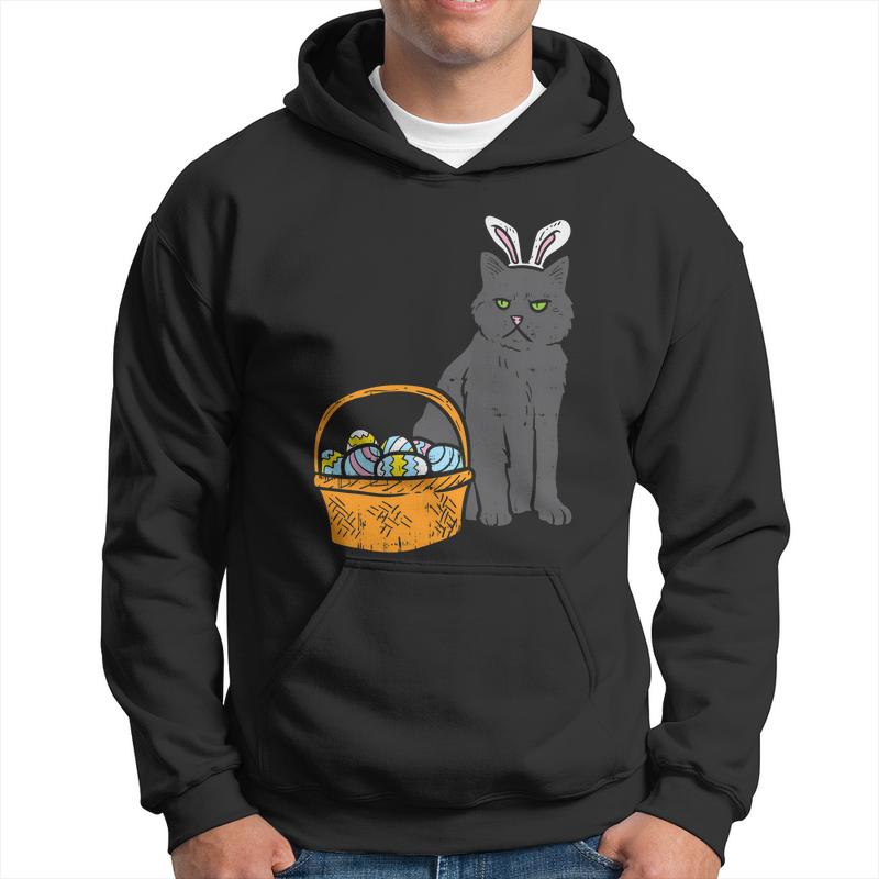 Black Cat Bunny Ears Eggs Basket Easter Pet Lover Gift Men Hoodie Graphic Print Hooded Sweatshirt