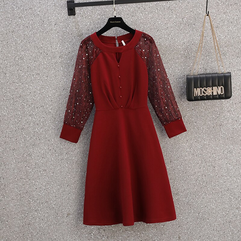 Banquet dress skirt women’s large size 2022 spring and summer new fashion temperament elegant mid-length round neck red dress alx