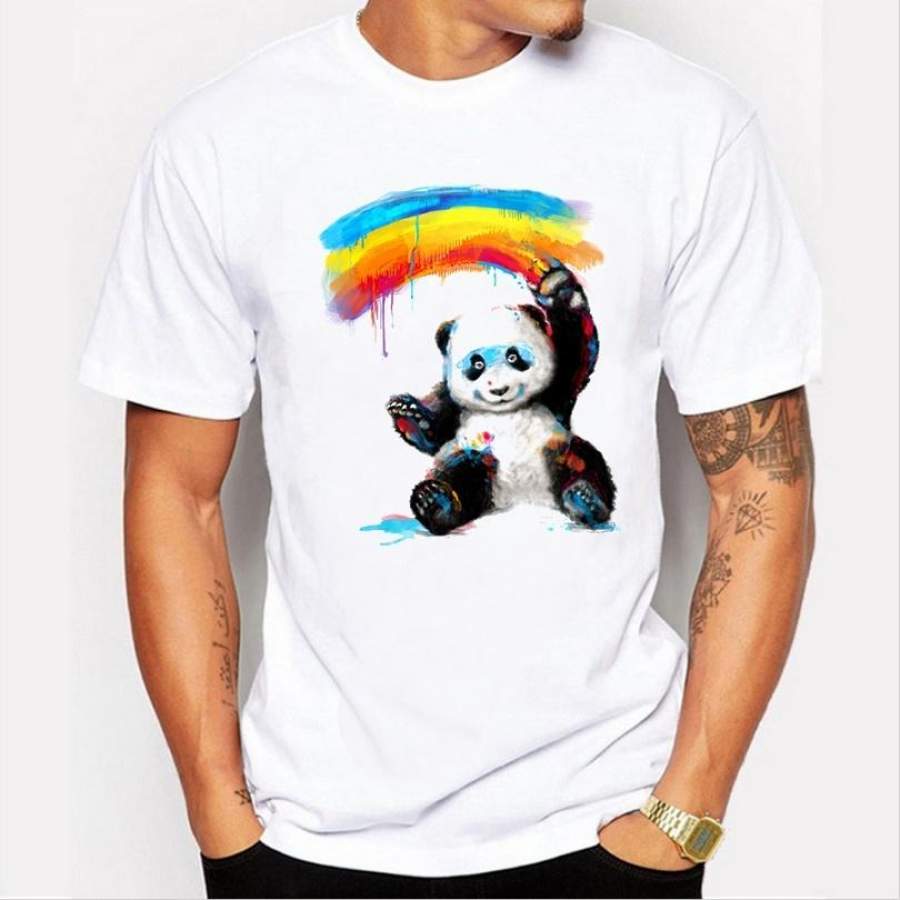 Panda Painter Printed Men T Shirt 2016 Fashion Hipster Rainbow Tees Short Sleeve Casual Tops Funny T-Shirt