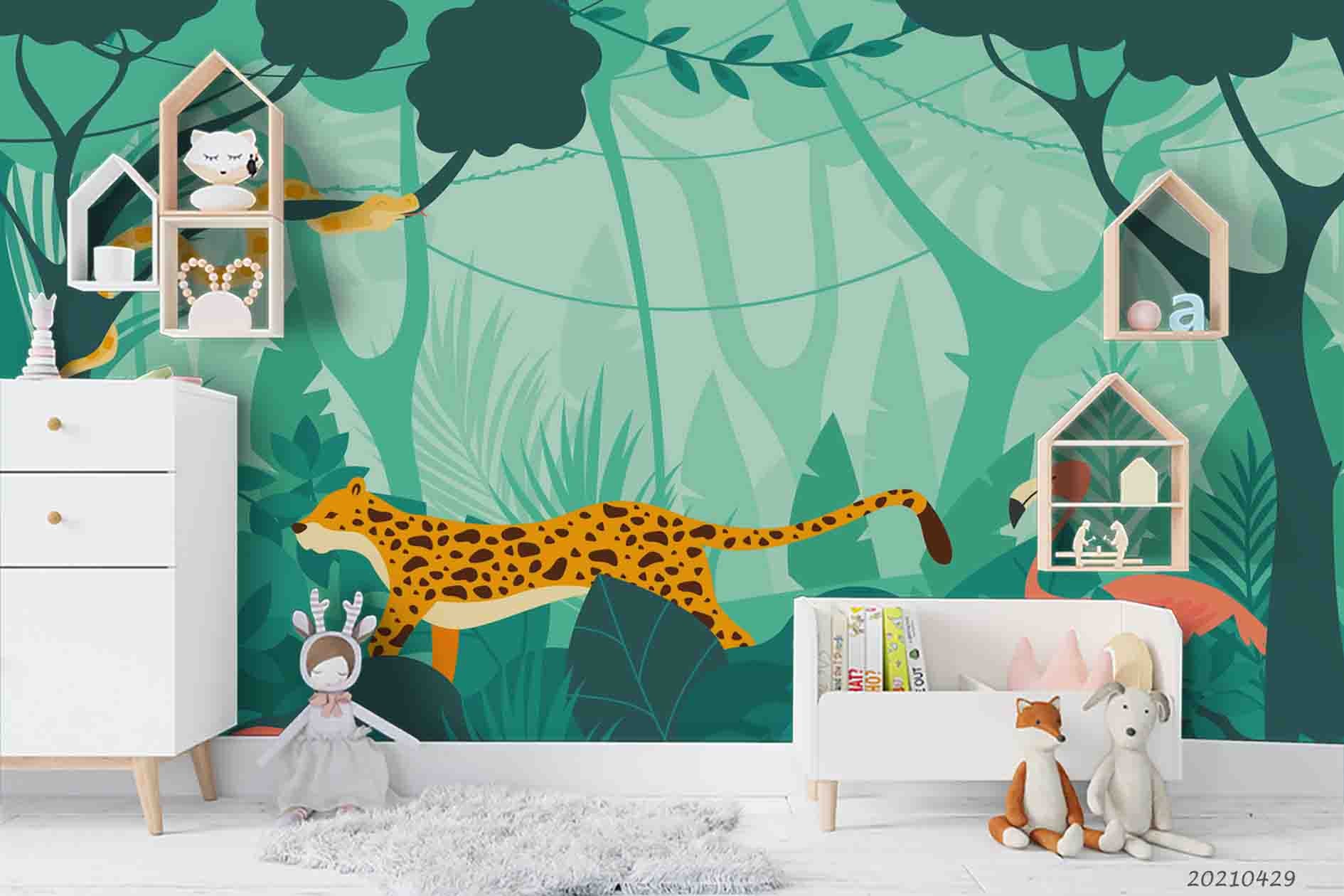 3D Watercolor Green Forest Leopard Wall Mural Wallpaper Lqh 134