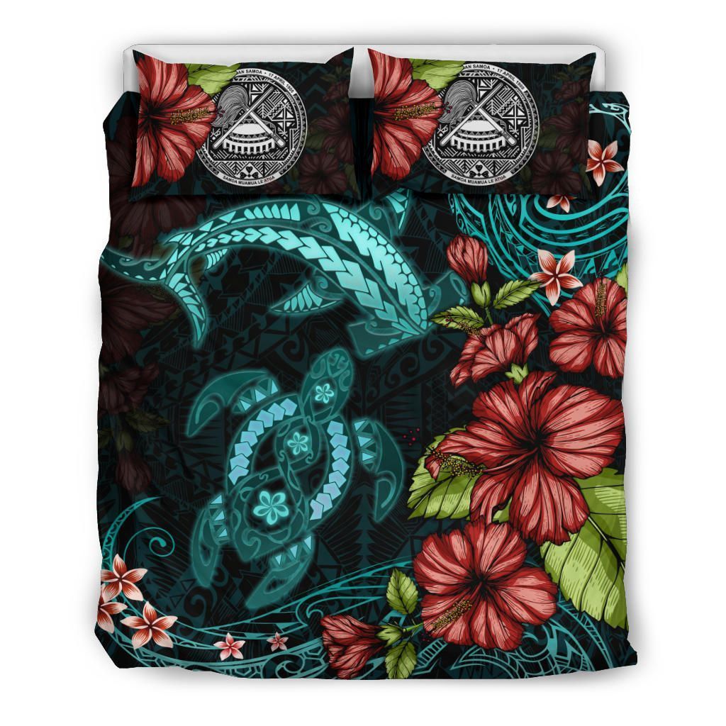 Alohawaii Bedding Set – Cover And Pillow Cases American Samoa Shark And Turtle Turquoise Hibiscus Th5