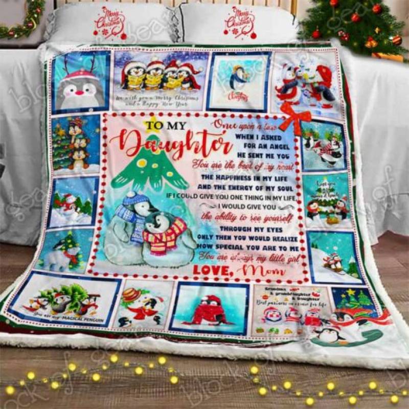 homesweetquilt –  Love My Dear Christmas Penguin Daughter Mom fleece blanket, Small, Medium, Large, X-large, hf0509