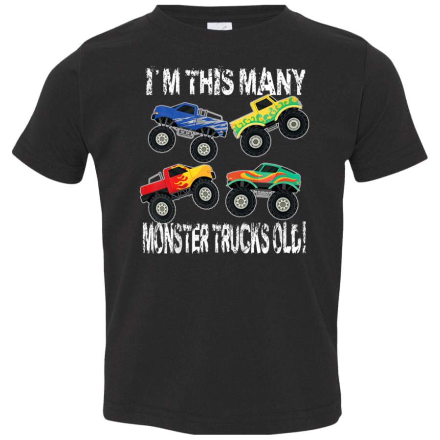 Kids 4th Birthday im this many monster trucks old Shirt gift 3321 Rabbit Skins Toddler Jersey T-Shirt