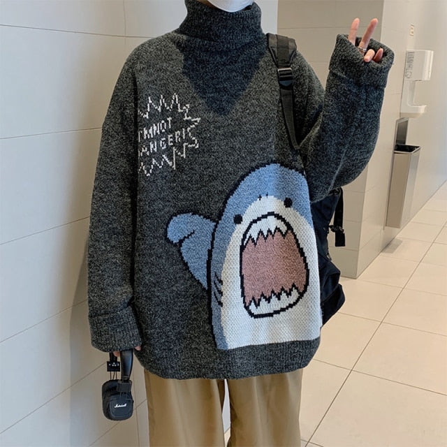 Wiaofellas Men Turtlenecks Shark Sweater Men Winter Patchwor Harajuku Korean Style High Neck Oversized Grey Turtleneck For Men