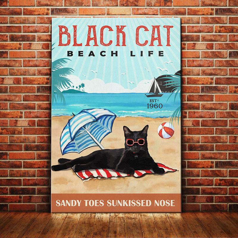 Black Cat Beach Life Canvas And Poster Sandy Toes Sunkissed Nose | Art Print | Home Decor | Room Decor | Wall Art