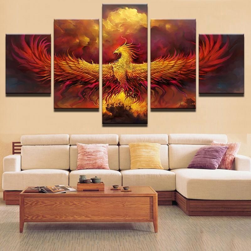 The Phoenix 1 Abstract Animal 5 Panel Canvas Art Wall Decor