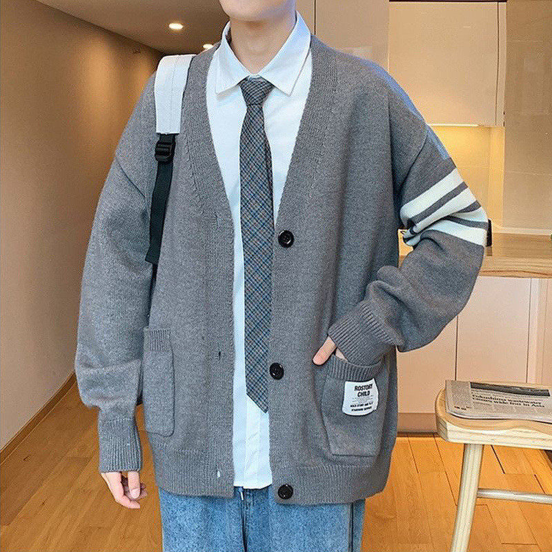 Spring Autumn Japanese Preppy Style Striped V-neck Retro Knitted Cardigan Sweater Men Casual Loose Streetwear Knit Coats Jacket alx