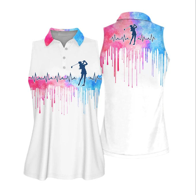 Golf Heart Beat Watercolor Sleeveless Polo Shirt, Golf Short Sleeve Polo Shirt For Women