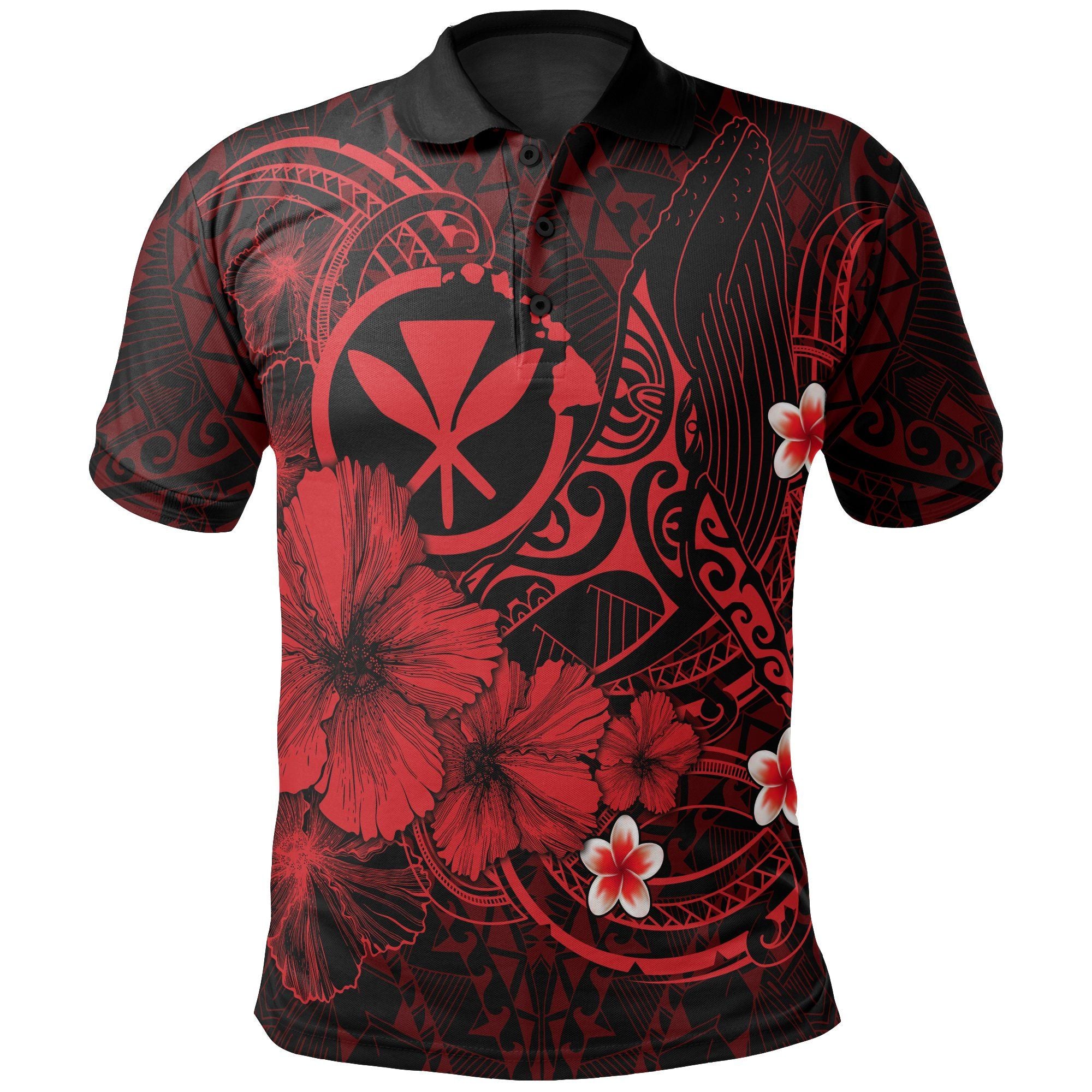 Polynesian Hawaii  Kanaka Maoli Polo Shirts – Humpback Whale With Hibiscus (Red) – Bn15