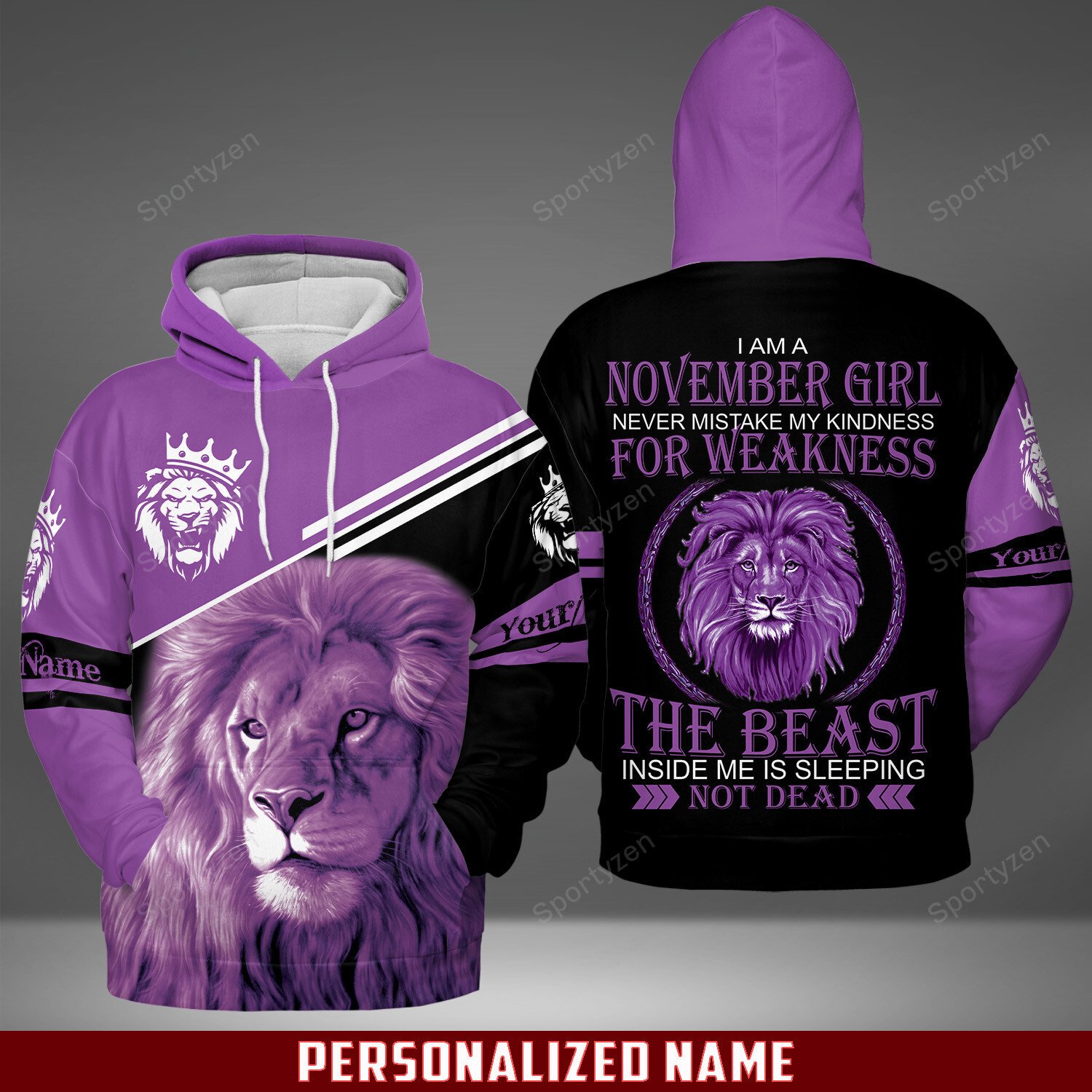 Personalized Name & Birthday Month The Beast Inside Me Is Sleeping Not Dead Lion Queen Girl Purple Black Hoodie – Joggers #V