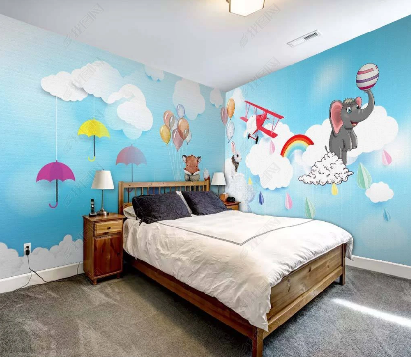 3D Cartoon Elephant Sky Cloud Umbrella Animal Wall Mural Wallpaper Lqh 28