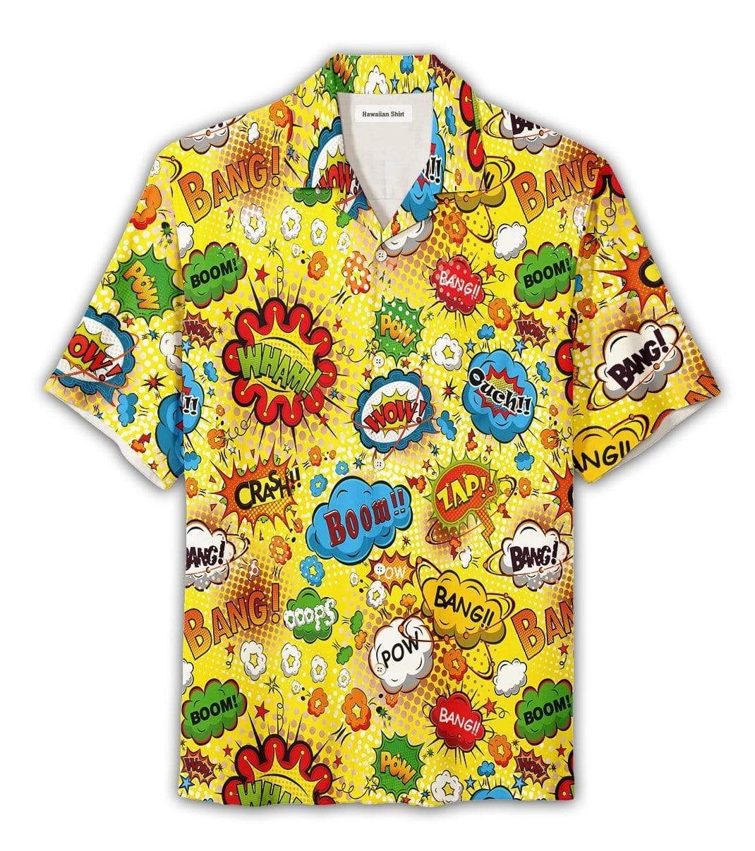 Get Here Crash Boom Pow Bang Yellow Grid Unisex Hawaii Aloha Shirts Dh Ha94293