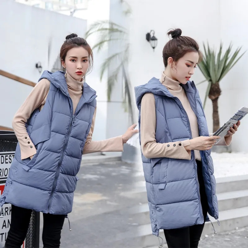 2022 New Women’s Vest Jacket Down Cotton Vest Autumn Winter Jacket Hooded Long Coat Sleeveless Loose Female Waistcoat Snow Wear alx