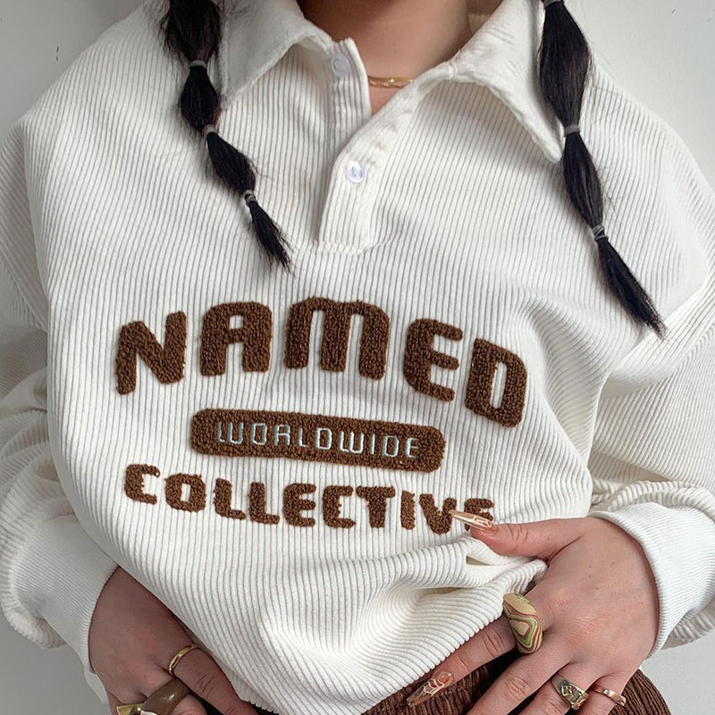 Vintage Casual Brown Letter Sweatshirts Spring Streetwear Corduroy Buttons Women Loose Tops Tshirts Y2k American Hoodies alx